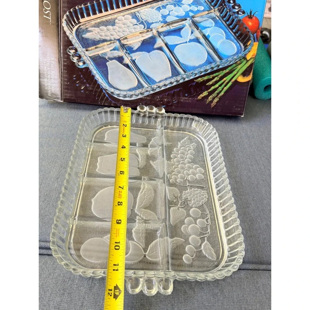 Satin‎ Frost Relish Tray Glass 12x9 Clear Excellent 5 Compartment Fruit Embossed
